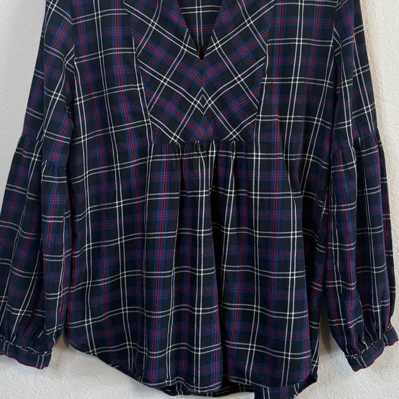 Loft Black Tartan Plaid Split Neck Long Balloon Sleeve Tunic Top Size Large - Picture 4 of 12